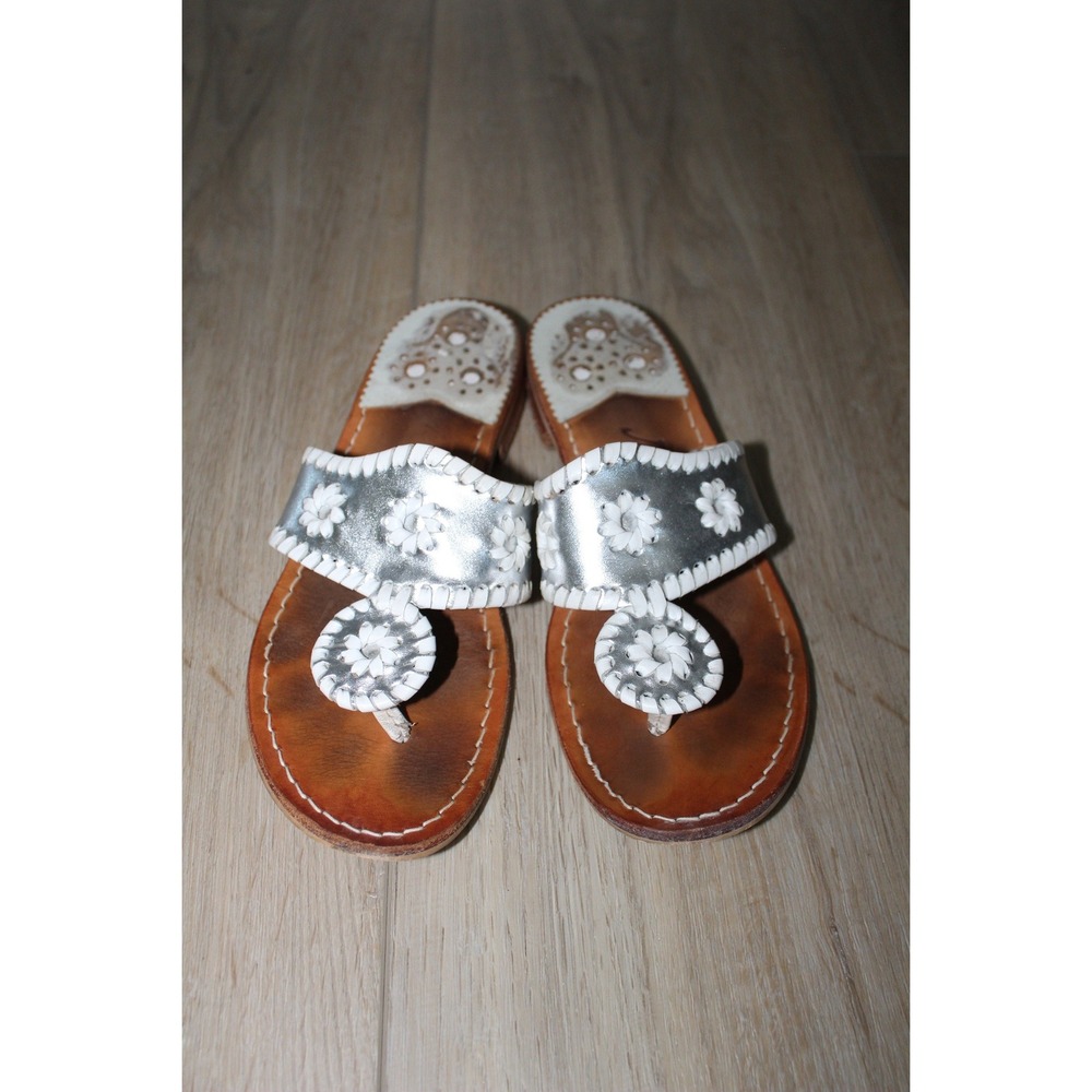 Jack Rogers Jacks Flat Sandals Silver White Whipstitch Leather Thong Women's 6.5